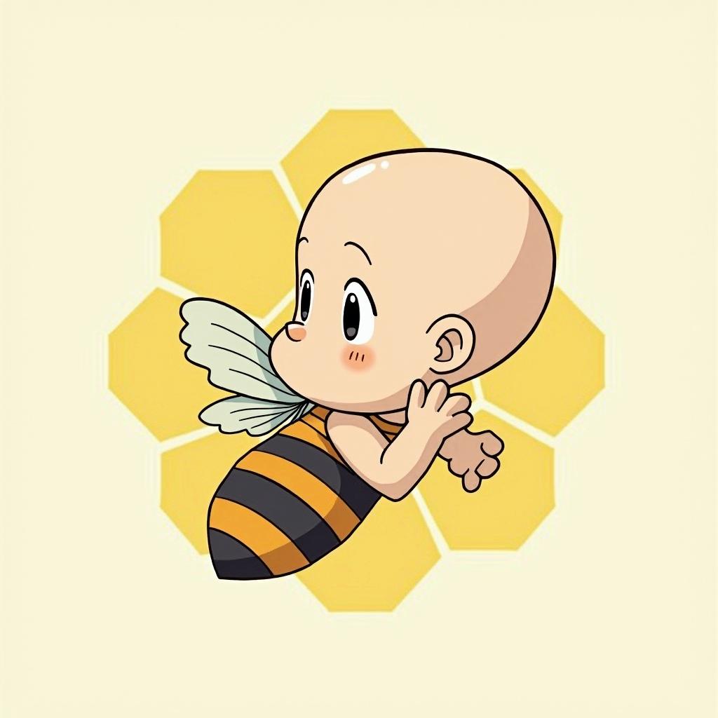 Name SARA with honeybee backgroundGhibli, Studio Ghibli aesthetic, hand-drawn anime style, retro nostalgic atmosphere, retro soft pastel color palette with earthy tones, retro Japanese cinematic shot, yellow tint effect, bald character, smooth surface, anime shadow 90's anime style - Variation 3