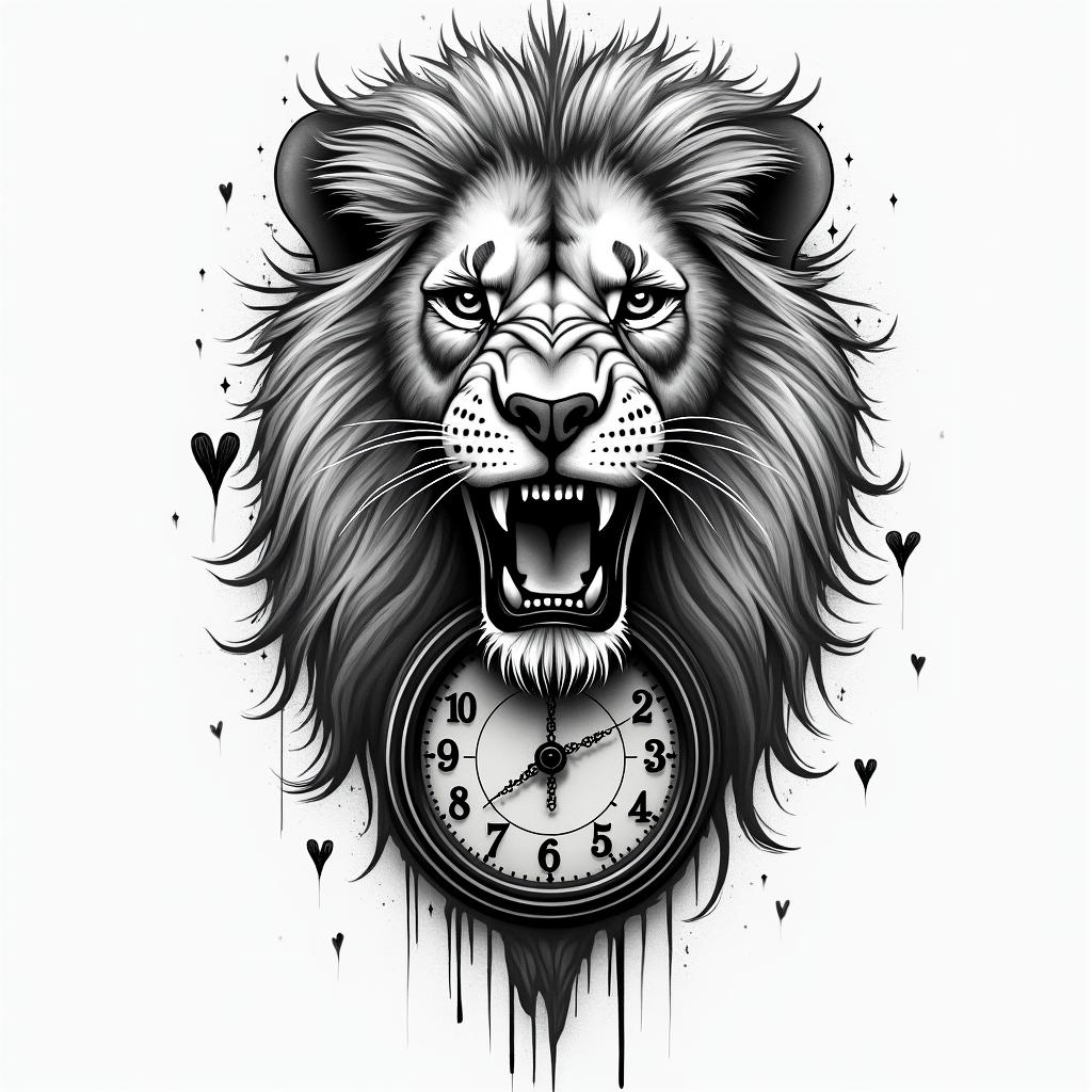 Lion with an old clockin graffiti style tattoo, featuring bold and dynamic street art elements, spray-paint texture with exaggerated lines and expressive, chaotic brushstrokes, intricate lettering incorporated with graffiti tags, symbols like hearts, stars, and wings