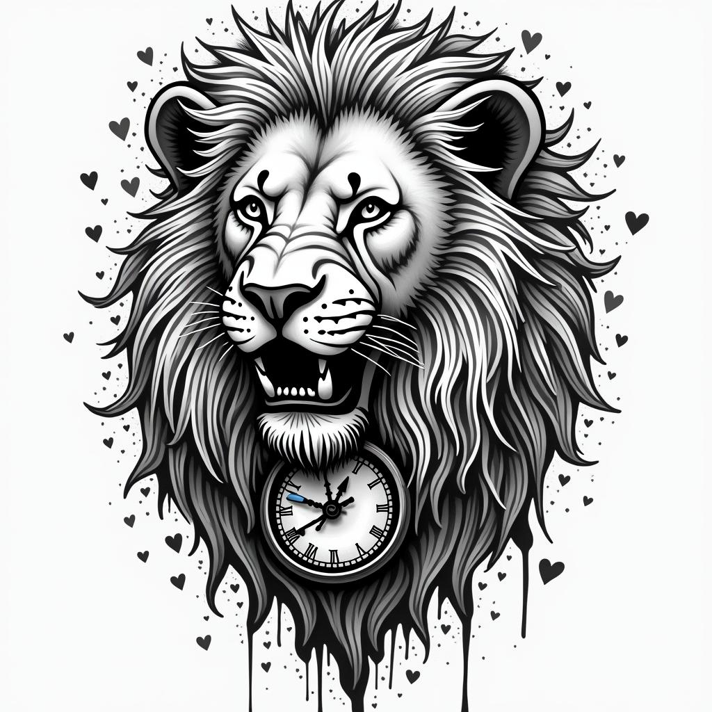 Lion with an old clockin graffiti style tattoo, featuring bold and dynamic street art elements, spray-paint texture with exaggerated lines and expressive, chaotic brushstrokes, intricate lettering incorporated with graffiti tags, symbols like hearts, stars, and wings - Variation 4