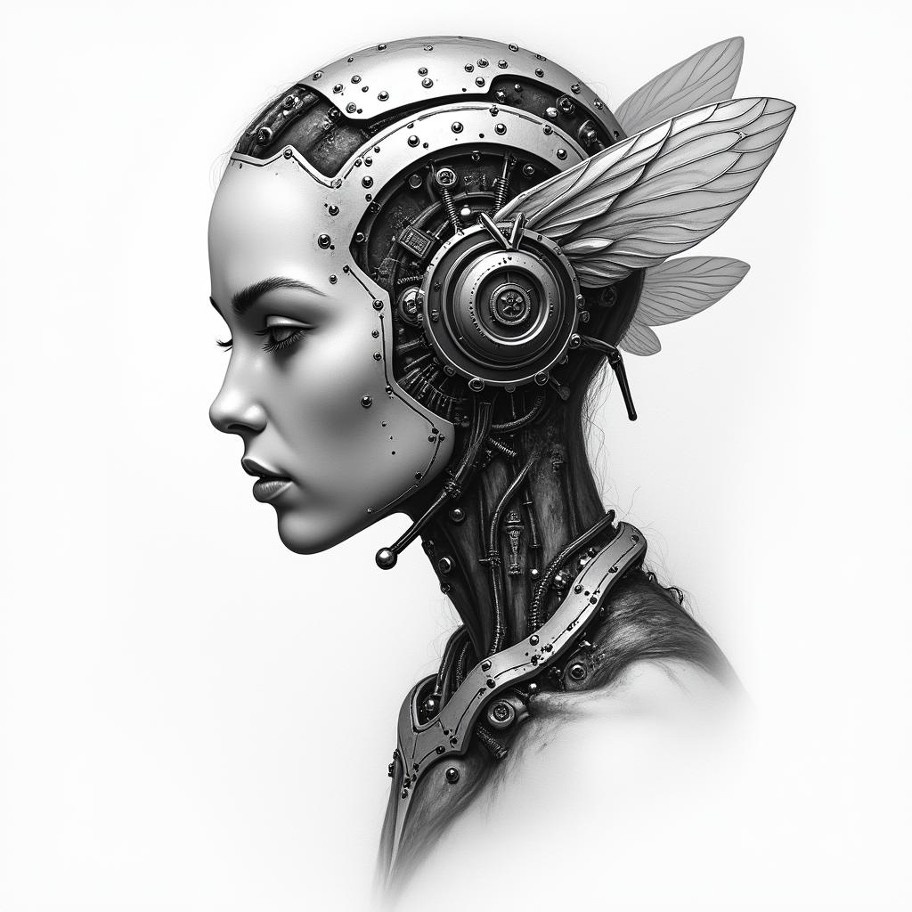 Name SARA with honeybee backgroundtattoo in biomechanic style, the tattoo covered by robotic elements of futuristic cyberpunk design, robotic features detail, showcasing intricate mechanical components