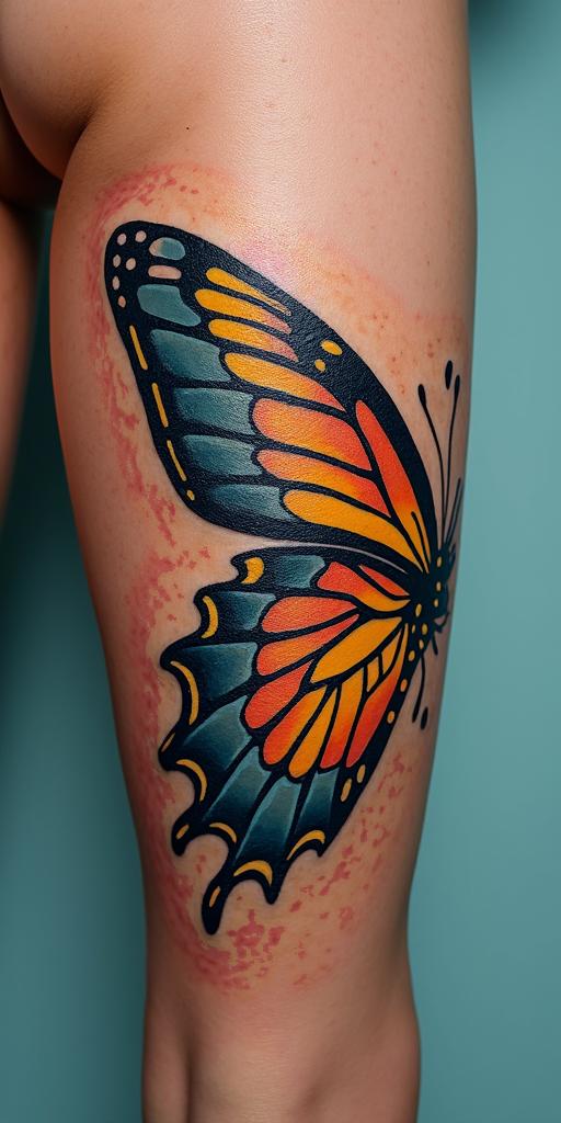 Butterfly with intricate wing patternsin pop art style tattoo, featuring bold and vibrant colors, exaggerated outlines, iconic imagery, inspired by comic books and speech bubbles, comic book characters, retro pop culture - Variation 4