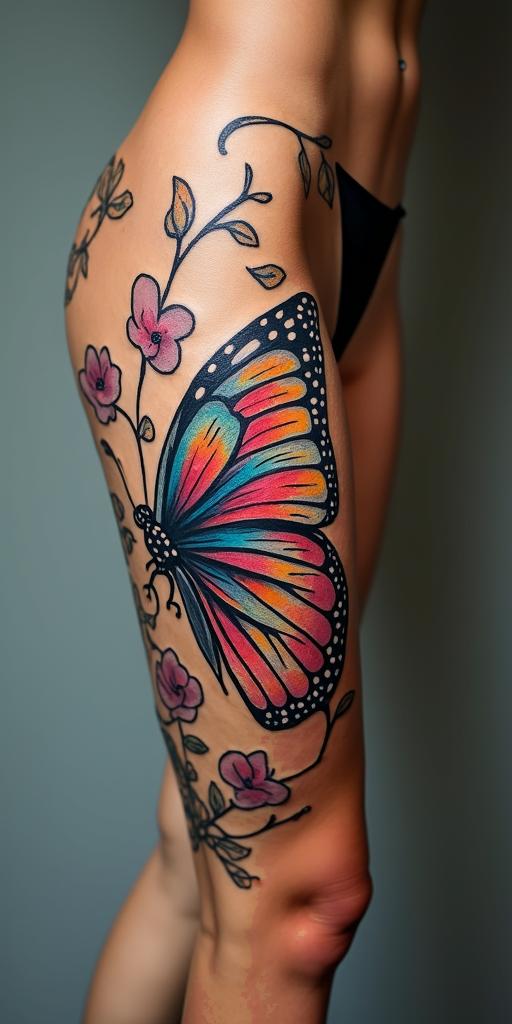 Butterfly with intricate wing patternsin pop art style tattoo, featuring bold and vibrant colors, exaggerated outlines, iconic imagery, inspired by comic books and speech bubbles, comic book characters, retro pop culture - Variation 2