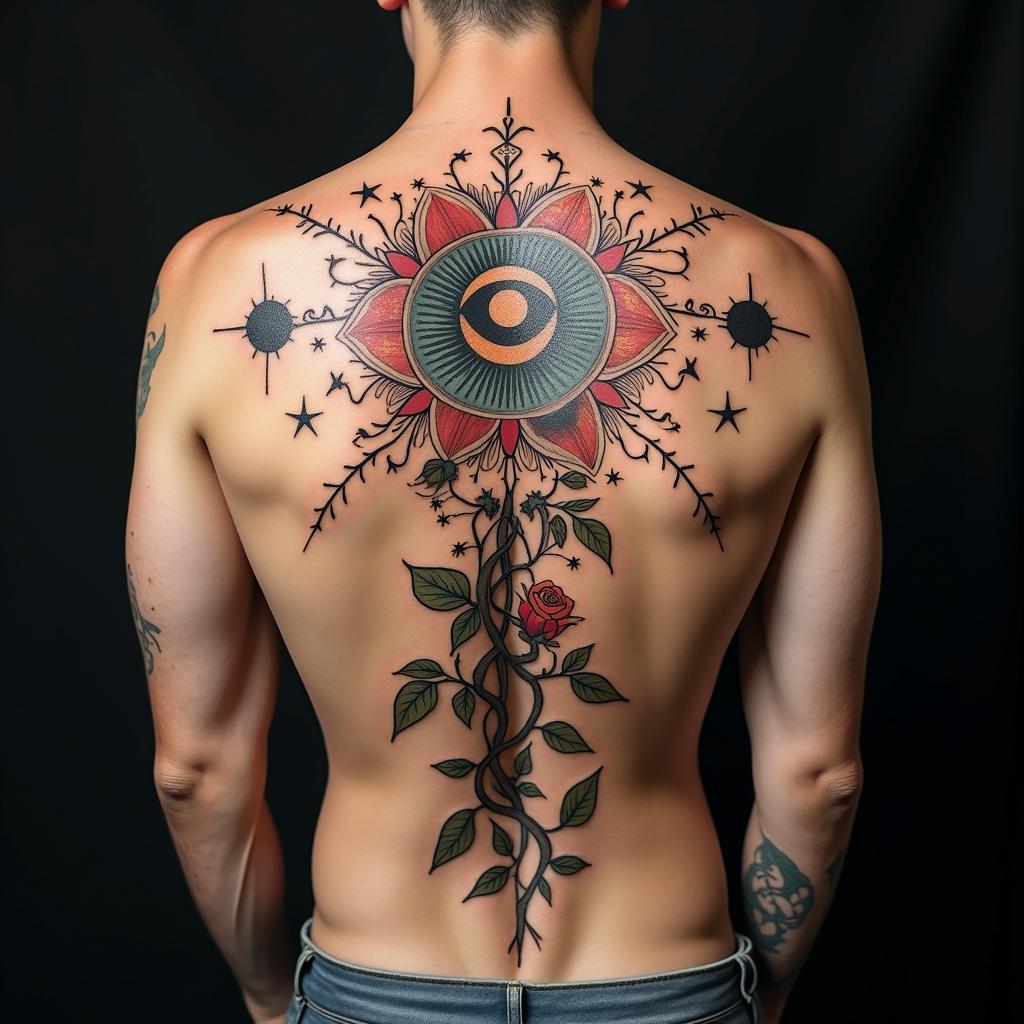 Twisted rose vinesin prophecy tattoo style, featuring mystical symbols, celestial imagery like stars, moons, suns, geometric patterns, foretelling elements, an eye of wisdom - Variation 3