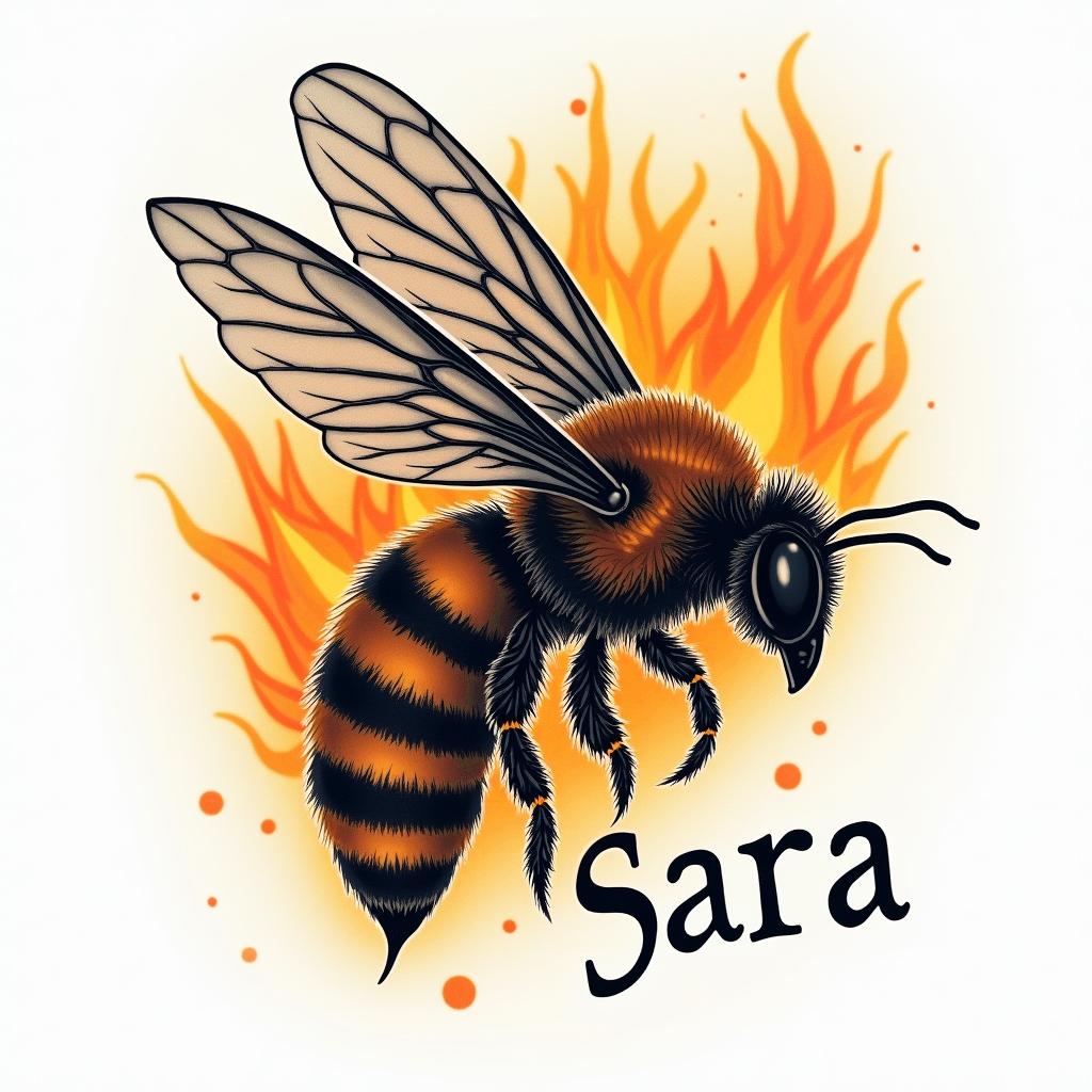 Name SARA with honeybee backgroundin flame tattoo style showcasing fiery elements with dynamic flame patterns, glowing effect of flames, natural colors - Variation 2