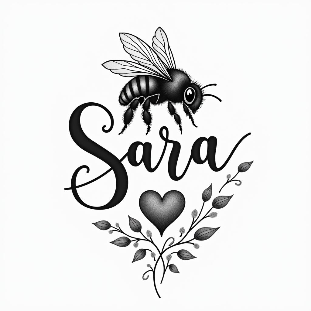 Name SARA with honeybee backgroundin Modest style tattoo, featuring soft, delicate line work with simple and meaningful symbols, gentle waves, a heart, evoking a sense of serenity and grace, - Variation 2