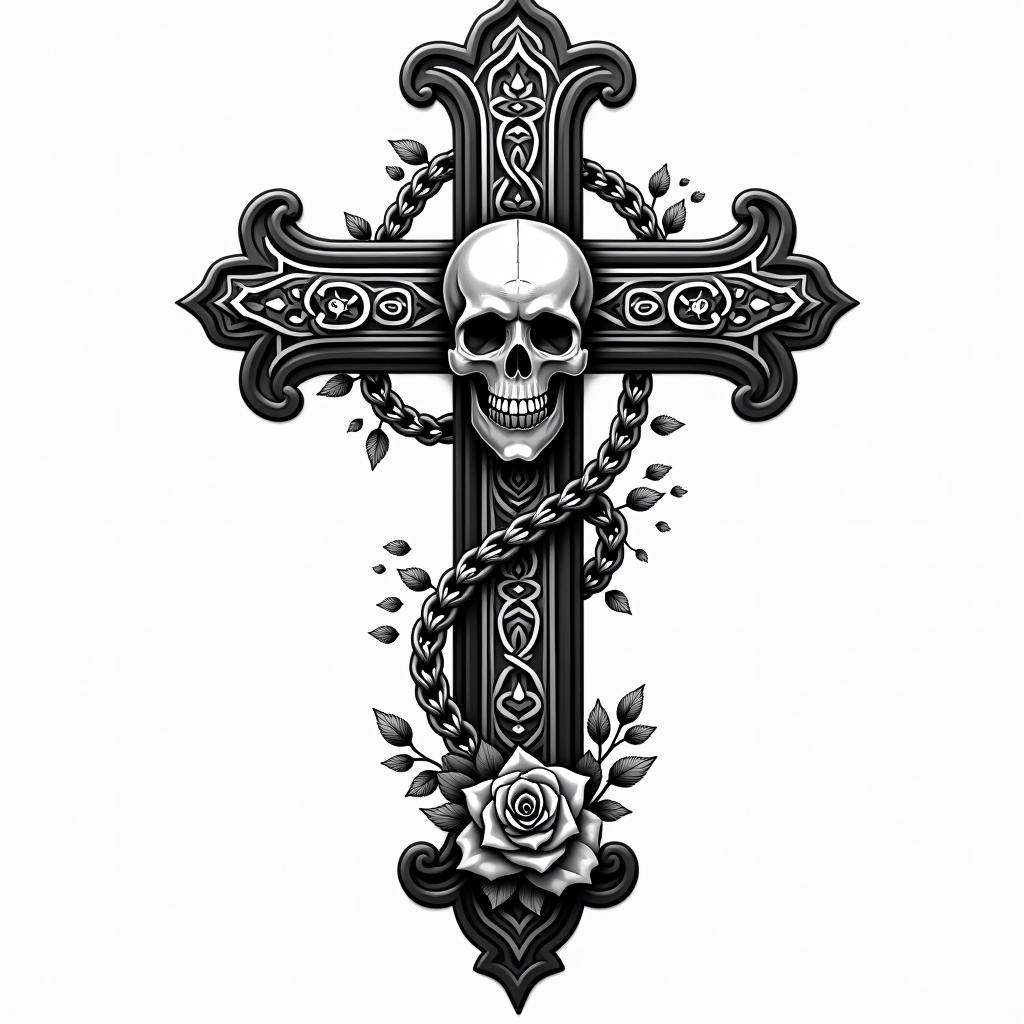 A large Christian cross surrounded by beautiful patterns.in chicano style tattoo, featuring intricate black and grey shading, bold elements of traditional chicano culture symbols, add a big cross with skull, chains and roses - Variation 3