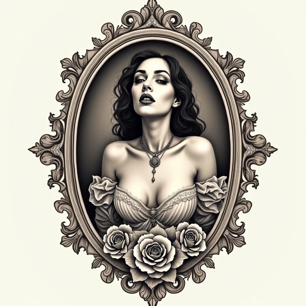 The rebirth of a fighting womanin victorian style tattoo, featuring vintage and elegant elements, ornate frames, roses, antique, sepia-toned color scheme - Variation 2