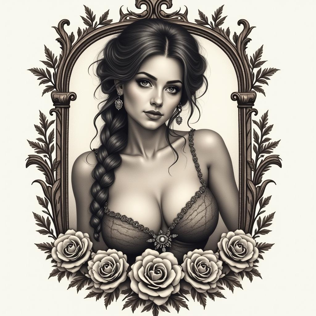 The rebirth of a fighting womanin victorian style tattoo, featuring vintage and elegant elements, ornate frames, roses, antique, sepia-toned color scheme - Variation 4