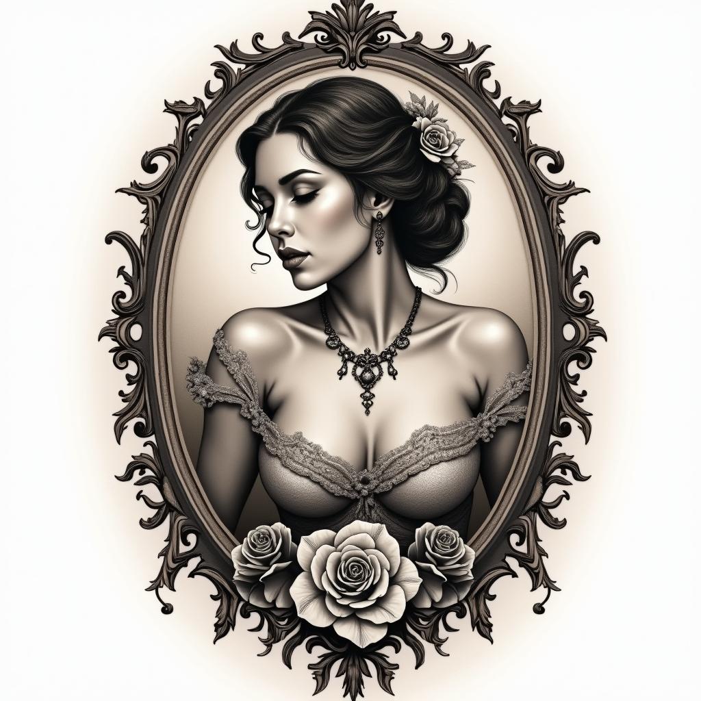 The rebirth of a fighting womanin victorian style tattoo, featuring vintage and elegant elements, ornate frames, roses, antique, sepia-toned color scheme - Variation 3