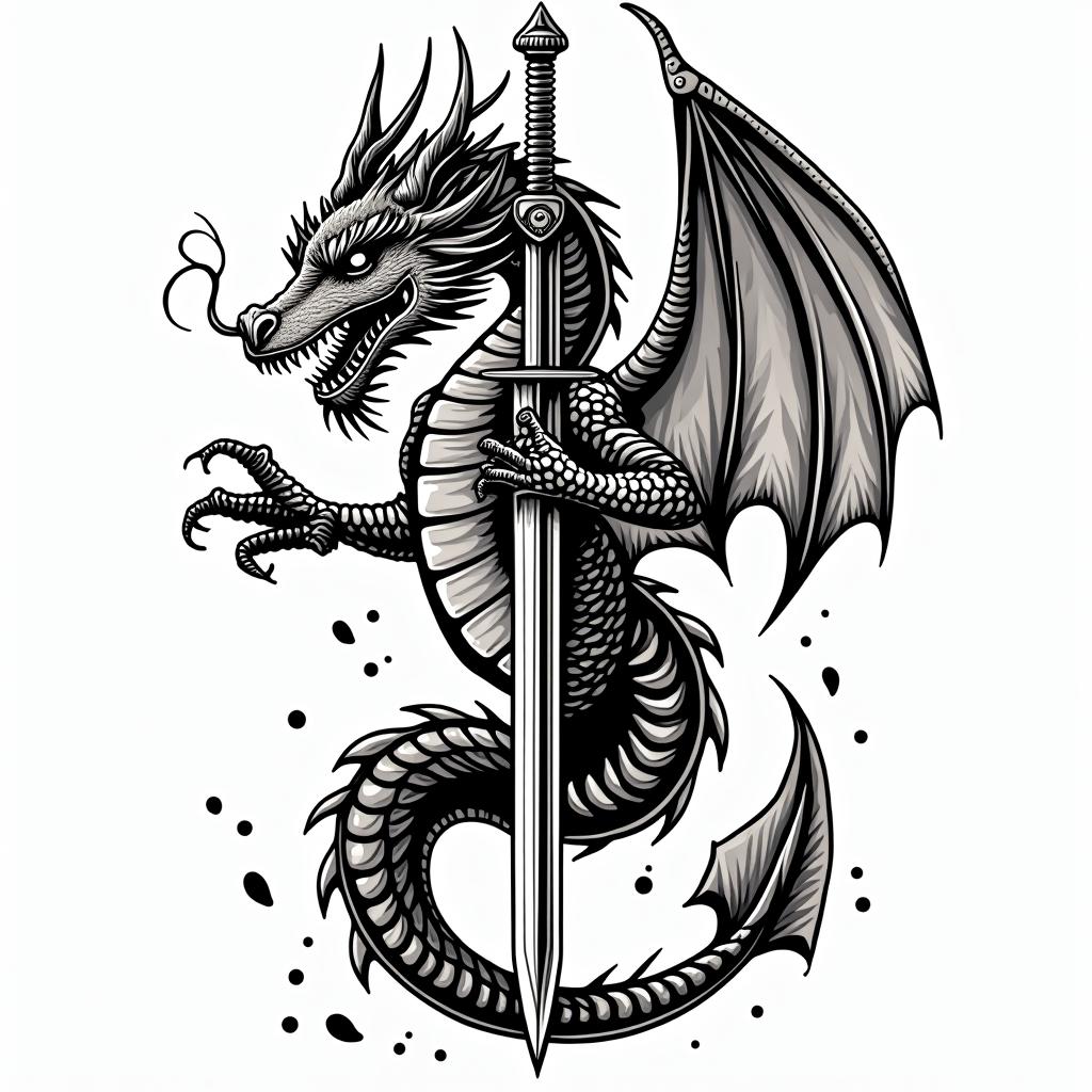 Majestic dragon wrapped around a swordin pop art style tattoo, featuring bold and vibrant colors, exaggerated outlines, iconic imagery, inspired by comic books and speech bubbles, comic book characters, retro pop culture - Variation 4