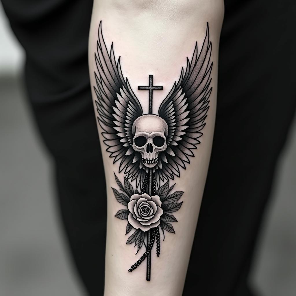 Angel wings with detailed feathersin chicano style tattoo, featuring intricate black and grey shading, bold elements of traditional chicano culture symbols, add a big cross with skull, chains and roses - Variation 13