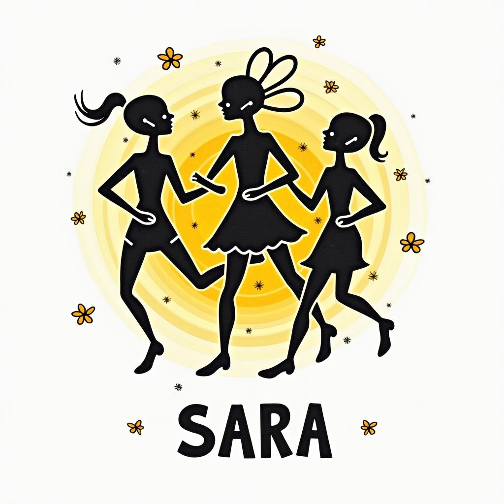 Name SARA with honeybee backgroundabstract dancing figures in Keith Haring style, featuring bold black outlines and solid color fills, figures posed in dynamic and playful dance movements, minimalist design - Variation 5