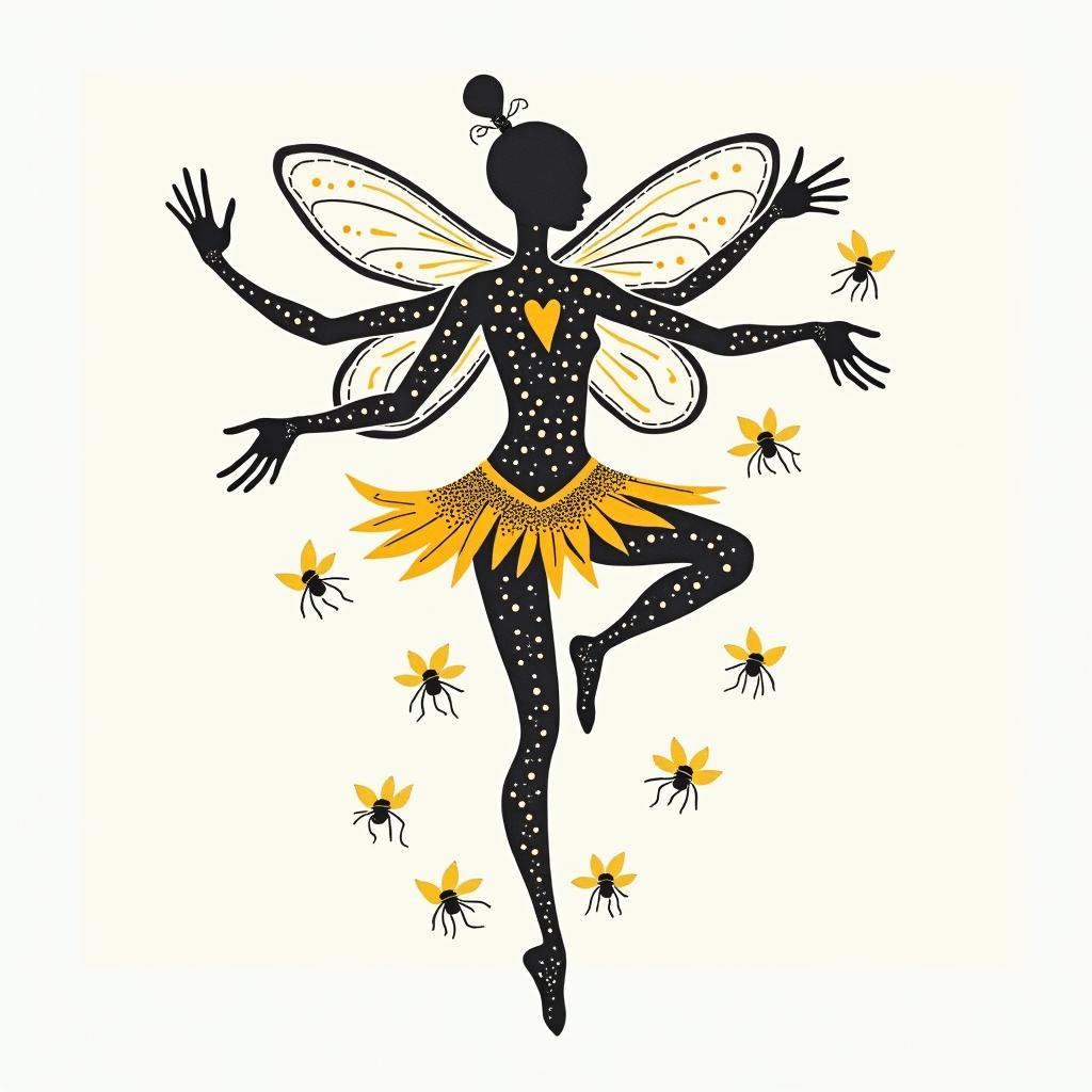 Name SARA with honeybee backgroundabstract dancing figures in Keith Haring style, featuring bold black outlines and solid color fills, figures posed in dynamic and playful dance movements, minimalist design - Variation 6