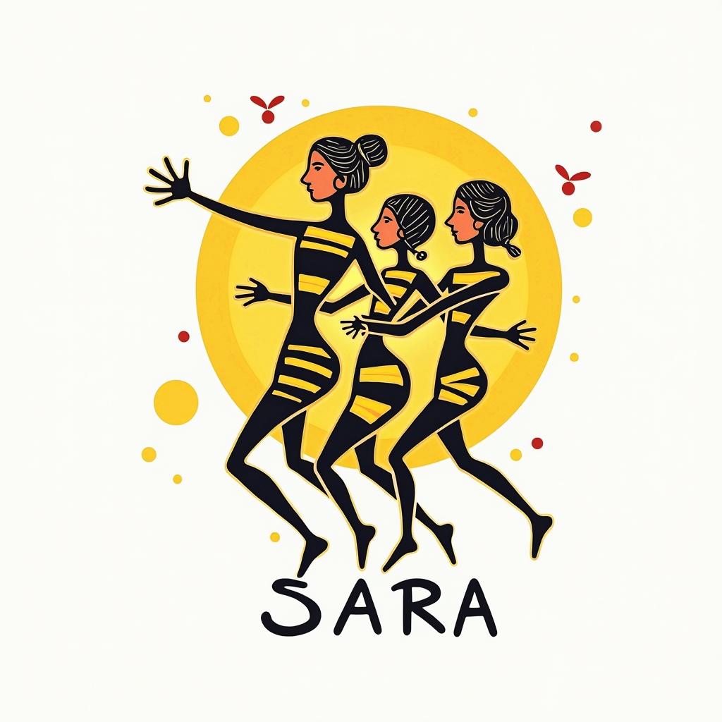 Name SARA with honeybee backgroundabstract dancing figures in Keith Haring style, featuring bold black outlines and solid color fills, figures posed in dynamic and playful dance movements, minimalist design - Variation 8