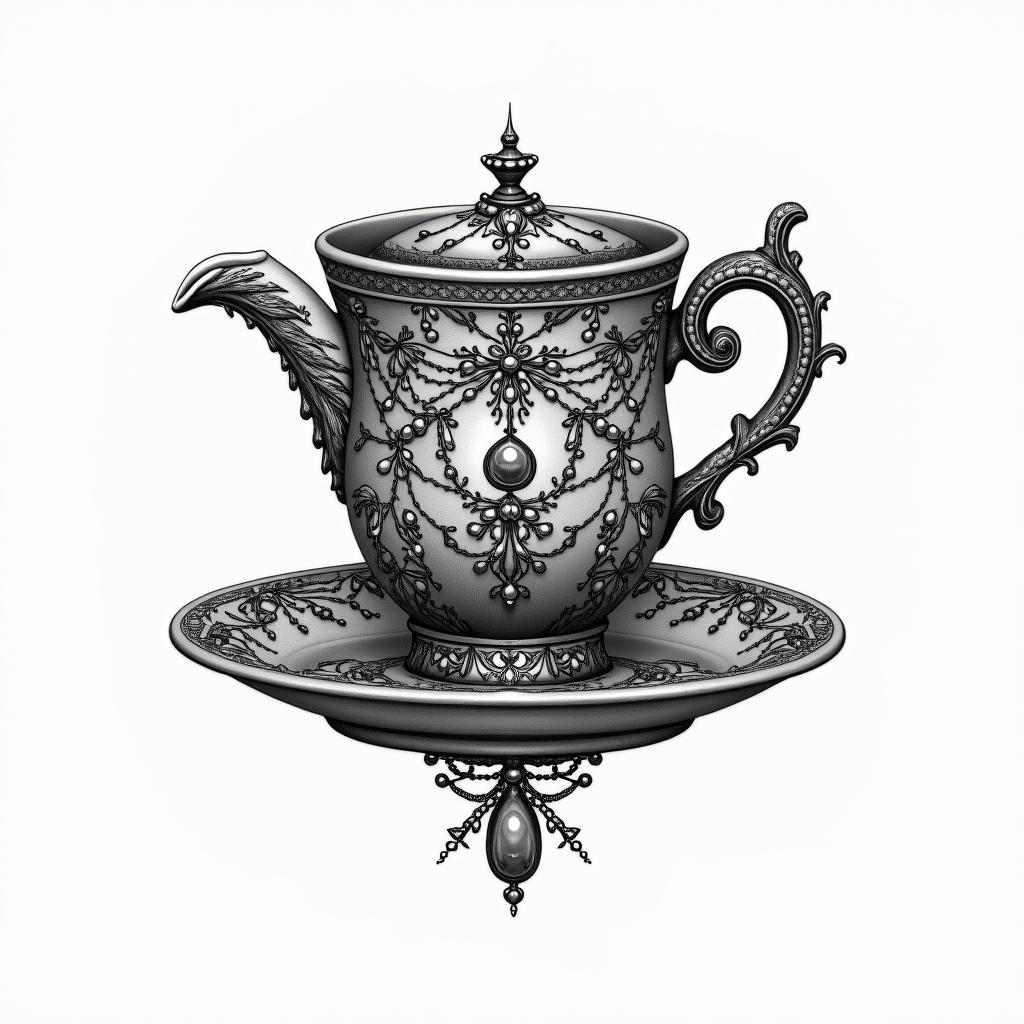 Teacup from the Victorian Renaissance era, heavily draped and adorned in pearls and chains with inlays of jewels and precious gemstones.higly detailed tattoo - Variation 6