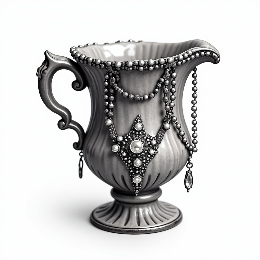 Teacup from the Victorian Renaissance era, heavily draped and adorned in pearls and chains with inlays of jewels and precious gemstones.higly detailed tattoo - Variation 7