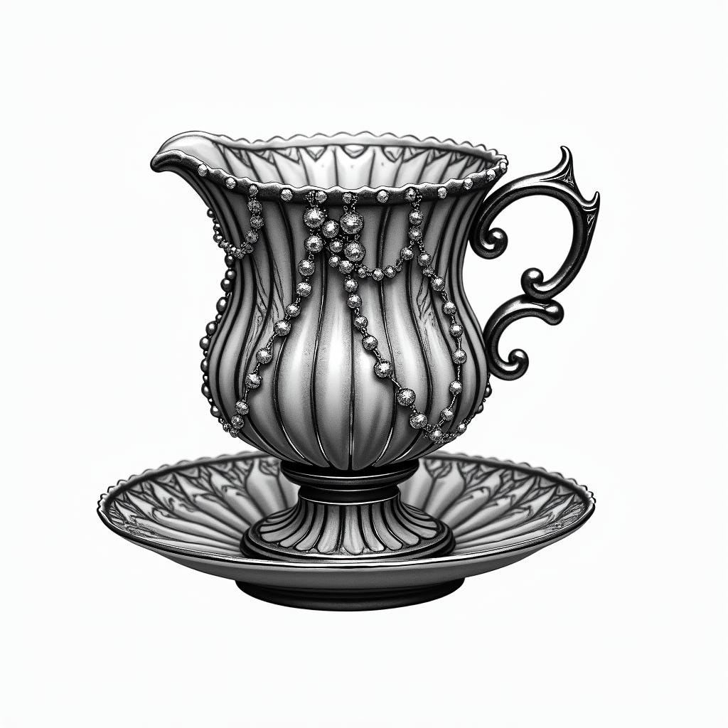 Teacup from the Victorian Renaissance era, heavily draped and adorned in pearls and chains with inlays of jewels and precious gemstones.higly detailed tattoo - Variation 5