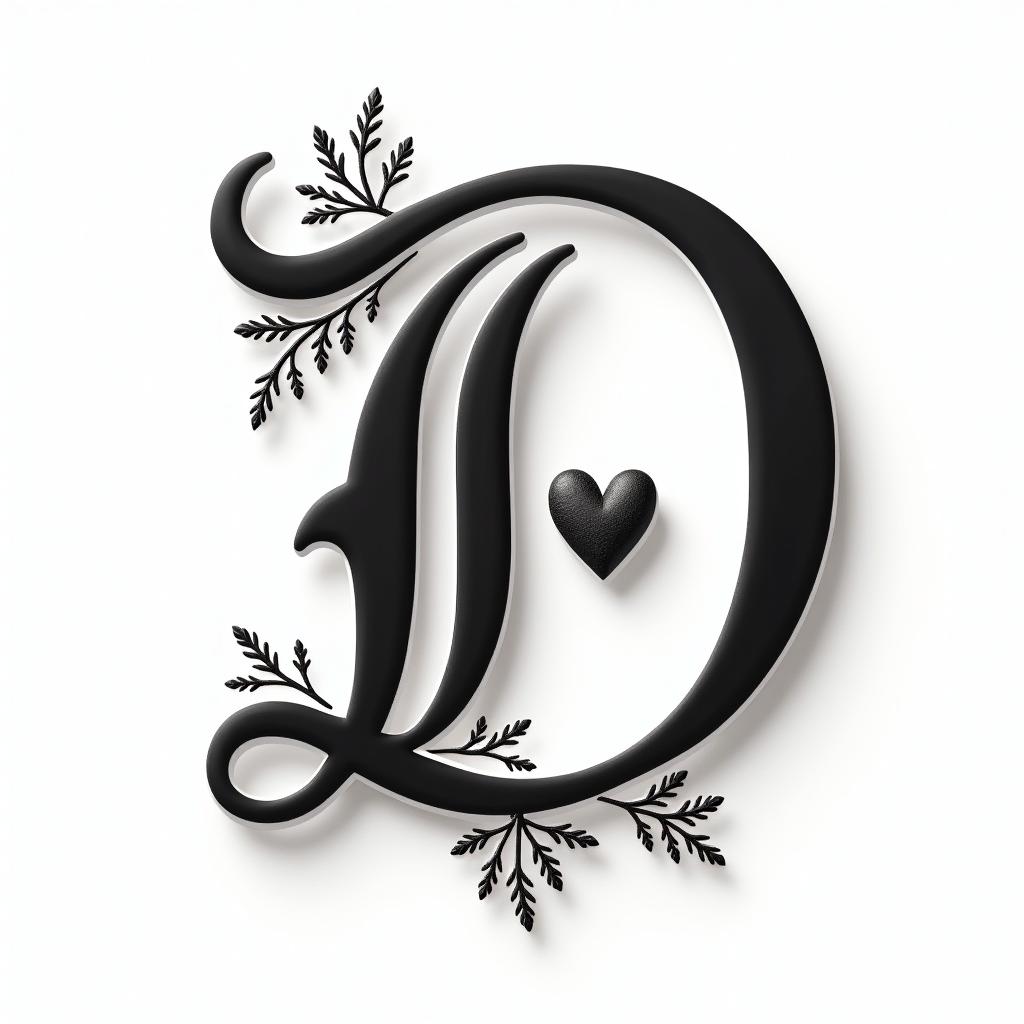 The letter D with a crown on itin elegant cursive calligraphy style 2d tattoo, decorate with roses, featuring a smooth and flowing handwritten script with slightly thickened strokes for a luxurious and bold appearance,  heart symbol between names,  sleek and glossy black text with shadowing, minimalist matte white background, clean and sharp edges, illuminated with soft lighting, romantic, 8k, high-quality textures with refined typography - Variation 8