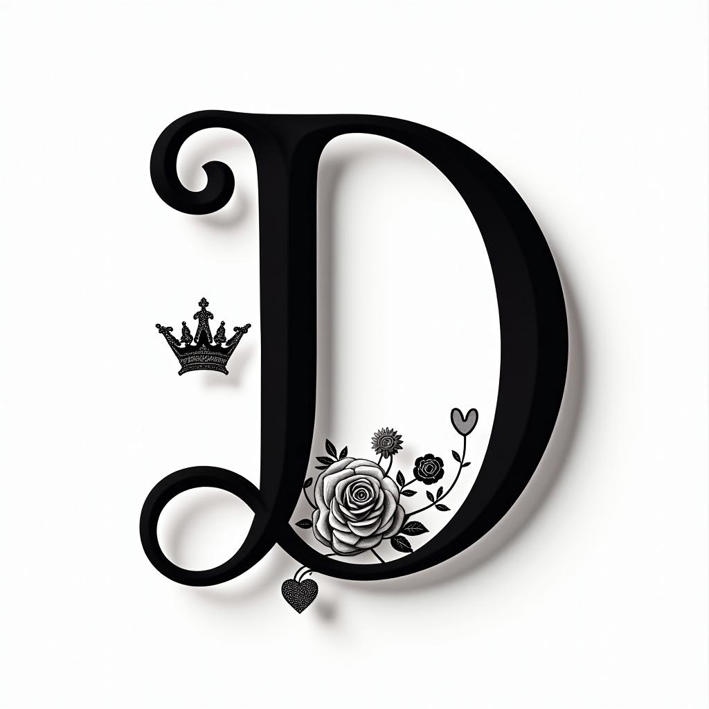 The letter D with a crown on itin elegant cursive calligraphy style 2d tattoo, decorate with roses, featuring a smooth and flowing handwritten script with slightly thickened strokes for a luxurious and bold appearance,  heart symbol between names,  sleek and glossy black text with shadowing, minimalist matte white background, clean and sharp edges, illuminated with soft lighting, romantic, 8k, high-quality textures with refined typography - Variation 5