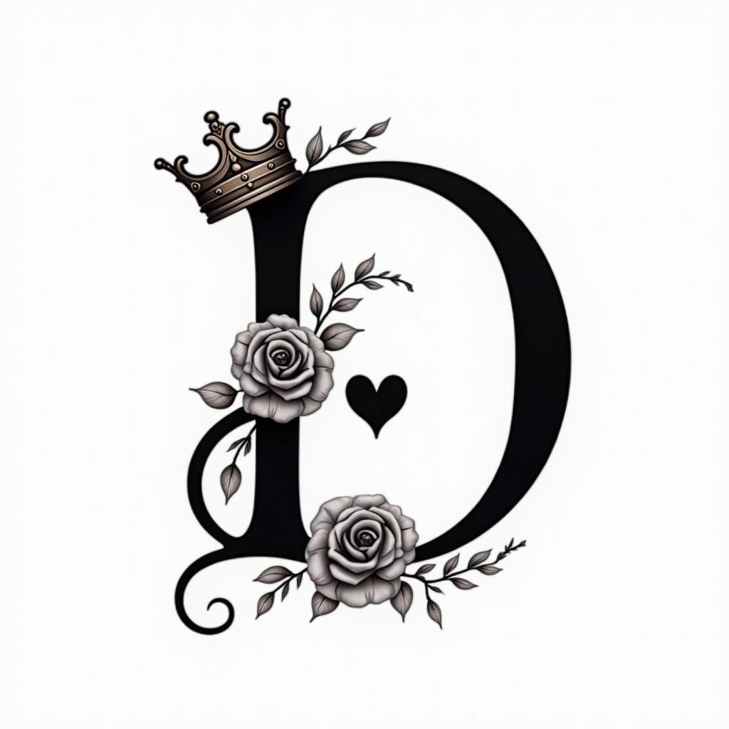 The letter D with a crown on itin elegant cursive calligraphy style 2d tattoo, decorate with roses, featuring a smooth and flowing handwritten script with slightly thickened strokes for a luxurious and bold appearance,  heart symbol between names,  sleek and glossy black text with shadowing, minimalist matte white background, clean and sharp edges, illuminated with soft lighting, romantic, 8k, high-quality textures with refined typography - Variation 6