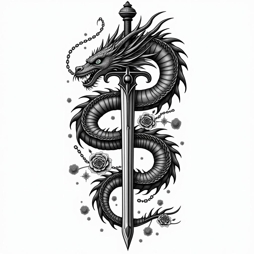 Majestic dragon coiled around a swordin chicano style tattoo, featuring intricate black and grey shading, bold elements of traditional chicano culture symbols, add a big cross with skull, chains and roses - Variation 8