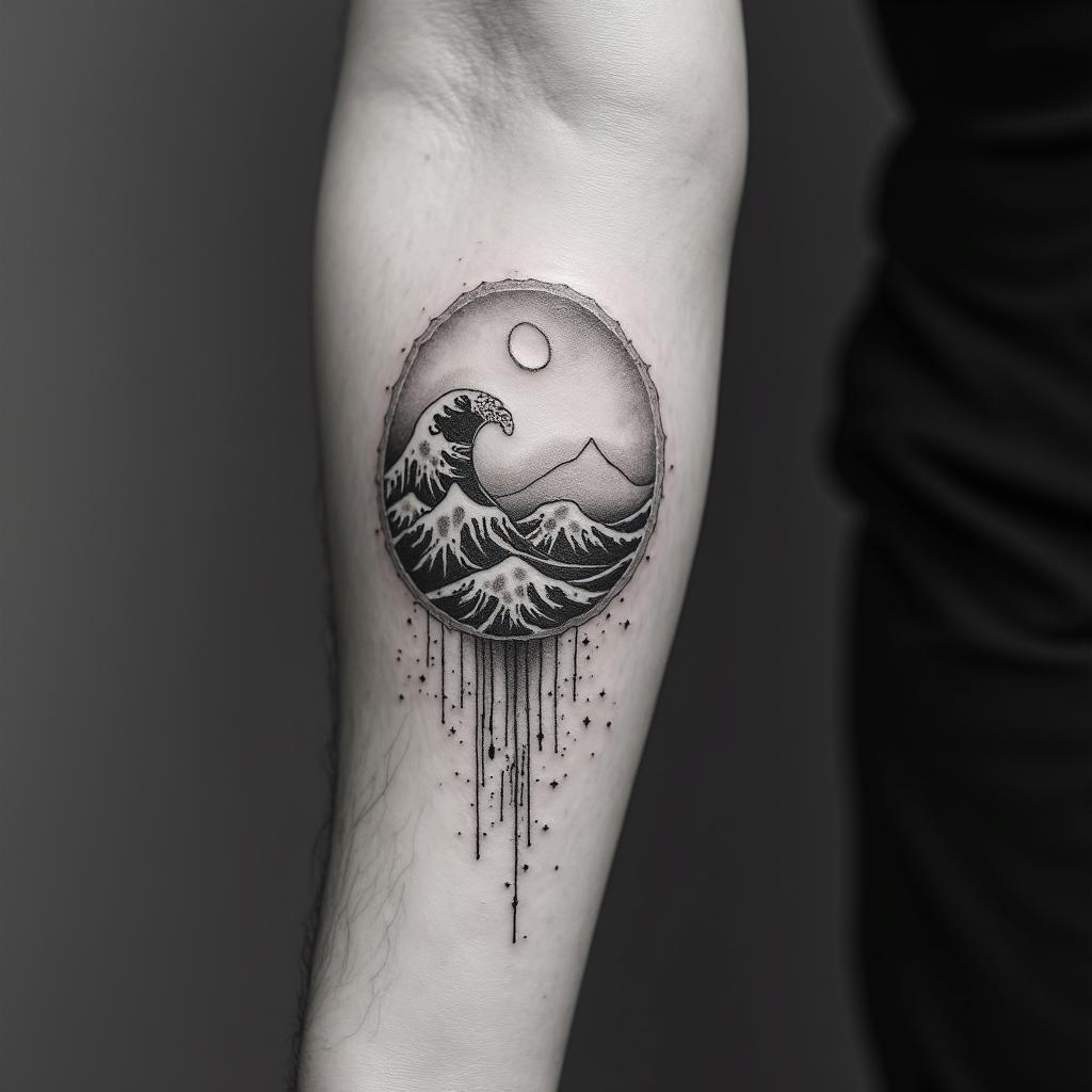 Luke 6:37 - 
Judge not, and ye shall not be judged: condemn not, and ye shall not be condemned: forgive, and ye shall be forgiven:in Modest style tattoo, featuring soft, delicate line work with simple and meaningful symbols, gentle waves, a heart, evoking a sense of serenity and grace, - Variation 3