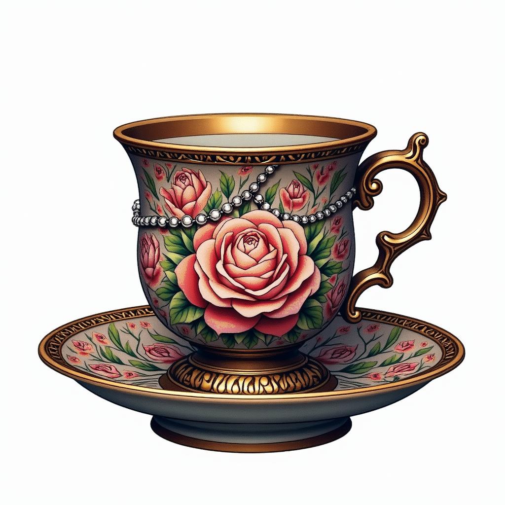 Teacup from the Victorian Renaissance era, heavily draped and adorned in pearls and chains with inlays of jewels and precious gemstones.in pop art style tattoo, featuring bold and vibrant colors, exaggerated outlines, iconic imagery, inspired by comic books and speech bubbles, comic book characters, retro pop culture