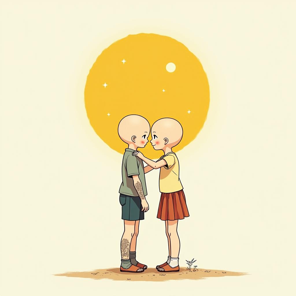 Sun and moon intertwined, shiningGhibli, Studio Ghibli aesthetic, hand-drawn anime style, retro nostalgic atmosphere, retro soft pastel color palette with earthy tones, retro Japanese cinematic shot, yellow tint effect, bald character, smooth surface, anime shadow 90's anime style - Variation 2