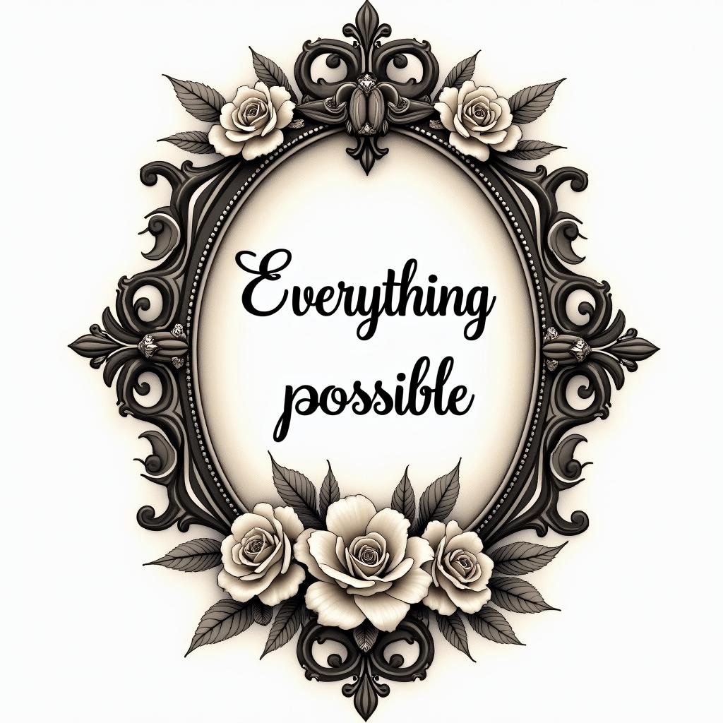 Text Everything IS possiblein victorian style tattoo, featuring vintage and elegant elements, ornate frames, roses, antique, sepia-toned color scheme