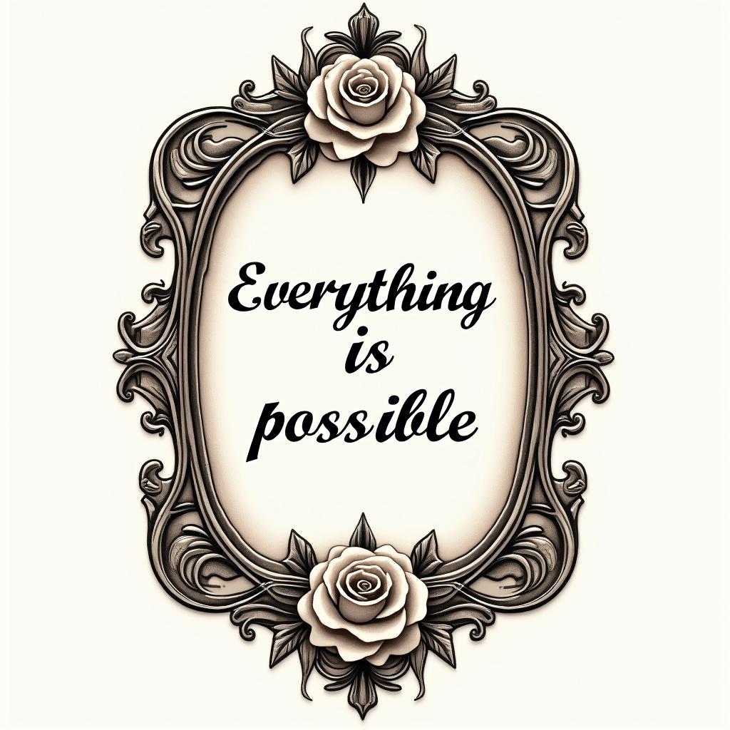 Text Everything IS possiblein victorian style tattoo, featuring vintage and elegant elements, ornate frames, roses, antique, sepia-toned color scheme - Variation 3