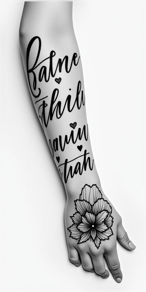 3 children and 1 momin elegant cursive calligraphy style 2d tattoo, decorate with roses, featuring a smooth and flowing handwritten script with slightly thickened strokes for a luxurious and bold appearance, heart symbol between names, sleek and glossy black text with shadowing, minimalist matte white background, clean and sharp edges, illuminated with soft lighting, romantic, 8k, high-quality textures with refined typography