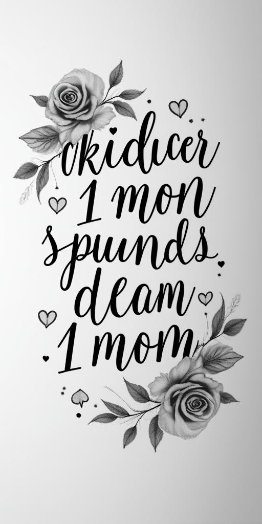 3 children and 1 momin elegant cursive calligraphy style 2d tattoo, decorate with roses, featuring a smooth and flowing handwritten script with slightly thickened strokes for a luxurious and bold appearance, heart symbol between names, sleek and glossy black text with shadowing, minimalist matte white background, clean and sharp edges, illuminated with soft lighting, romantic, 8k, high-quality textures with refined typography - Variation 2
