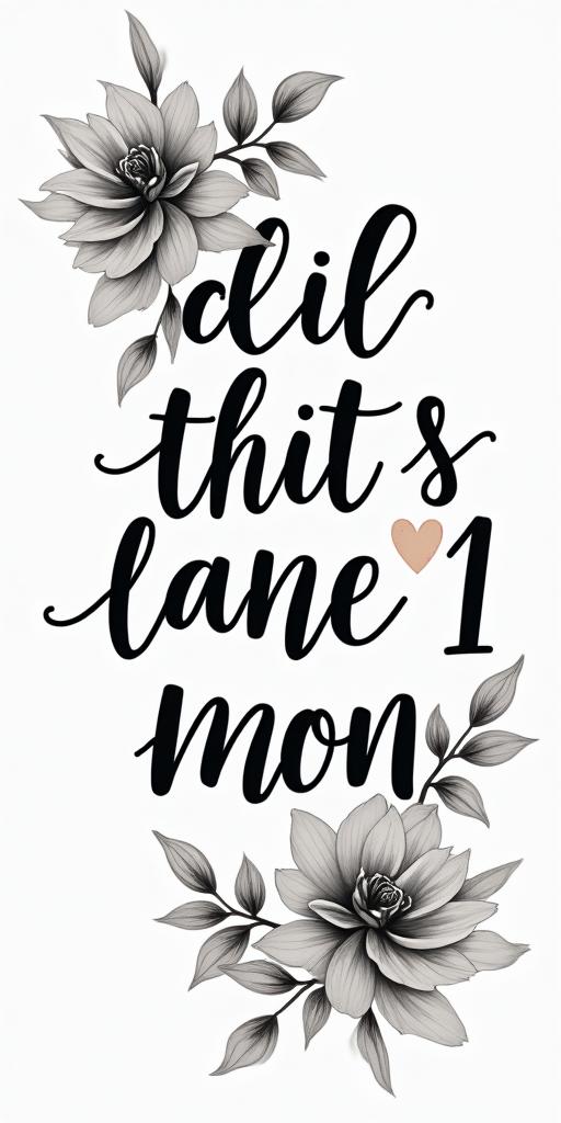 3 children and 1 momin elegant cursive calligraphy style 2d tattoo, decorate with roses, featuring a smooth and flowing handwritten script with slightly thickened strokes for a luxurious and bold appearance, heart symbol between names, sleek and glossy black text with shadowing, minimalist matte white background, clean and sharp edges, illuminated with soft lighting, romantic, 8k, high-quality textures with refined typography - Variation 3