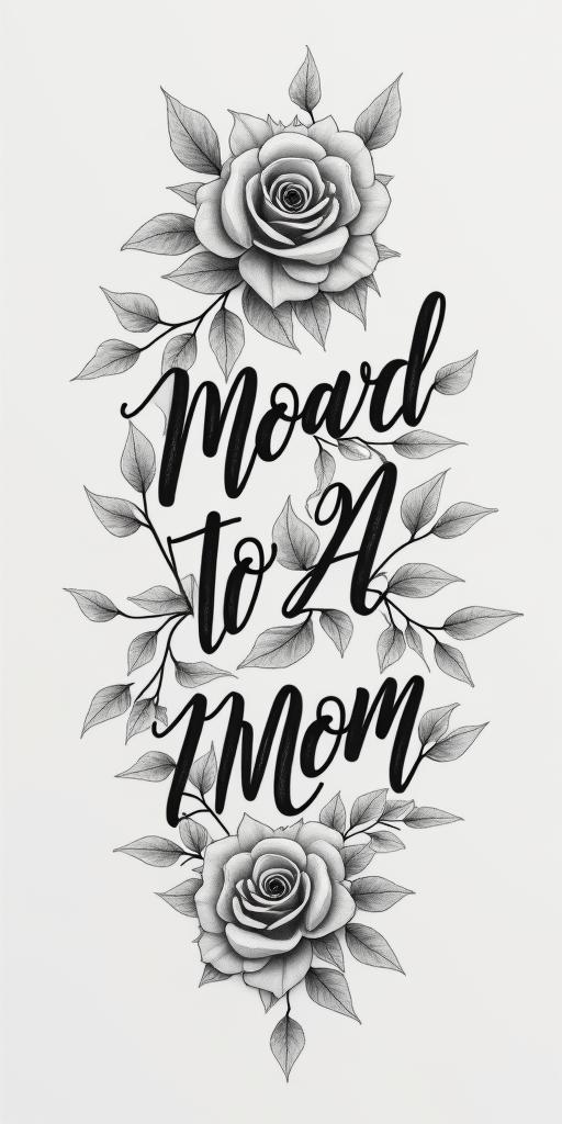 3 children and 1 momin elegant cursive calligraphy style 2d tattoo, decorate with roses, featuring a smooth and flowing handwritten script with slightly thickened strokes for a luxurious and bold appearance, heart symbol between names, sleek and glossy black text with shadowing, minimalist matte white background, clean and sharp edges, illuminated with soft lighting, romantic, 8k, high-quality textures with refined typography - Variation 4