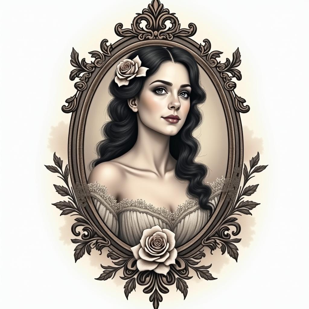 Tammy Huisel Born April 20, 1982 - at Rest April 4, 2025 A Daughter, mother, best friend , ride or die, The Princess that everyone loves, blessed her so muchin victorian style tattoo, featuring vintage and elegant elements, ornate frames, roses, antique, sepia-toned color scheme - Variation 3