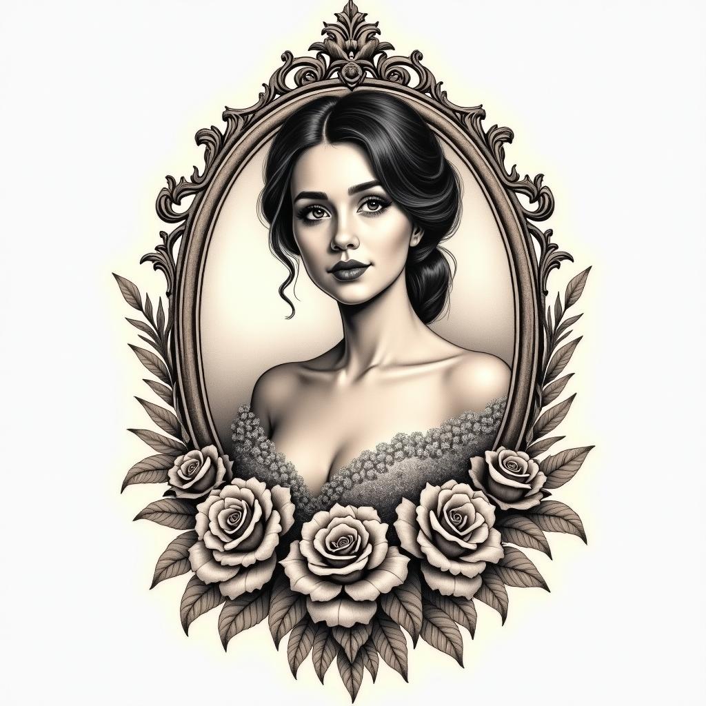 Tammy Huisel Born April 20, 1982 - at Rest April 4, 2025 A Daughter, mother, best friend , ride or die, The Princess that everyone loves, blessed her so muchin victorian style tattoo, featuring vintage and elegant elements, ornate frames, roses, antique, sepia-toned color scheme - Variation 4