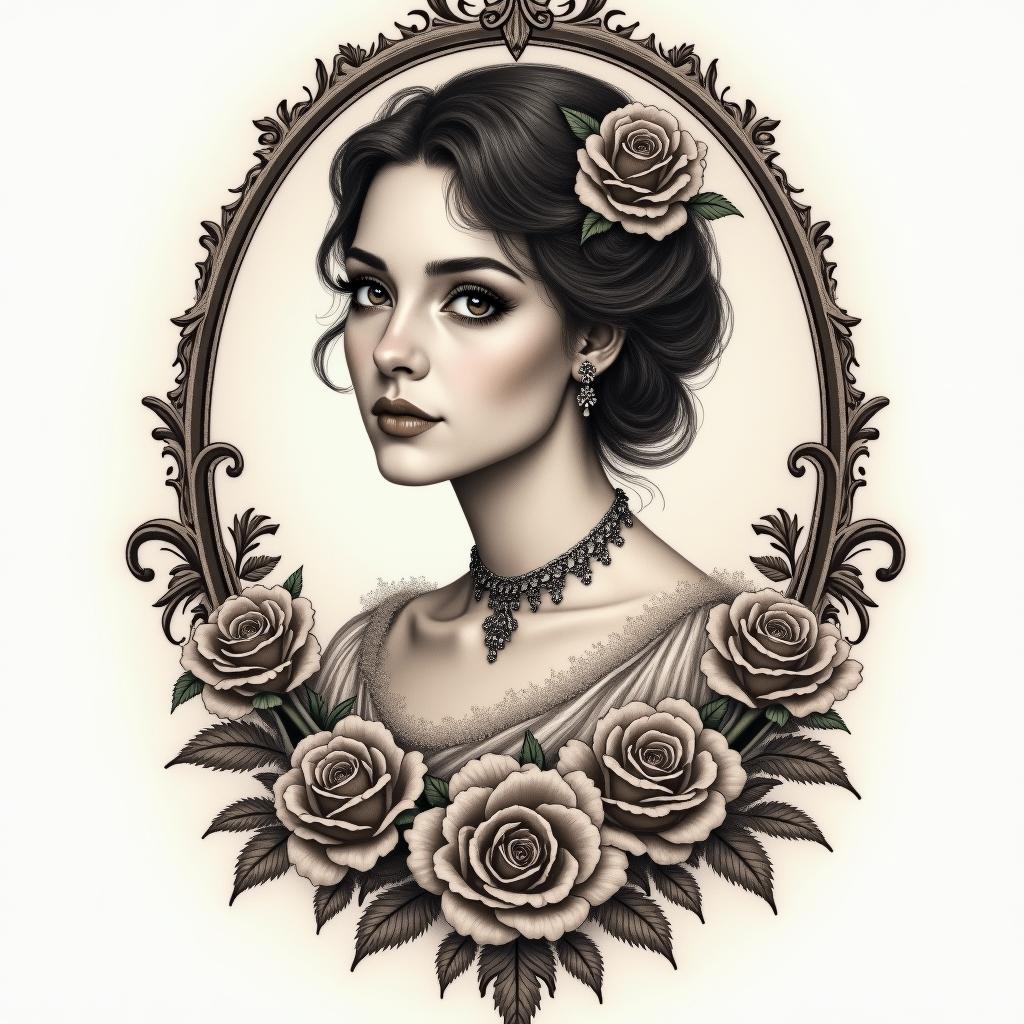 Tammy Huisel Born April 20, 1982 - at Rest April 4, 2025 A Daughter, mother, best friend , ride or die, The Princess that everyone loves, blessed her so muchin victorian style tattoo, featuring vintage and elegant elements, ornate frames, roses, antique, sepia-toned color scheme