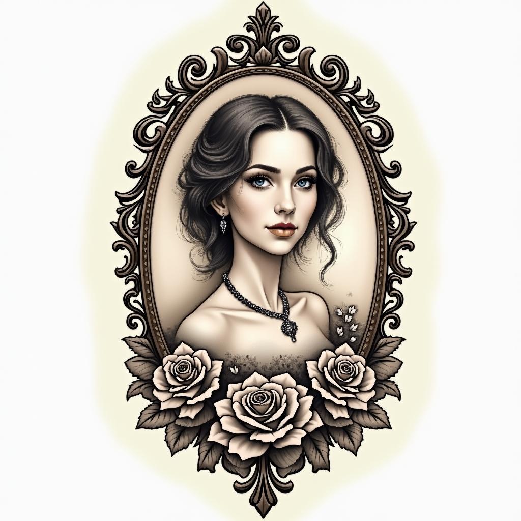 Tammy Huisel Born April 20, 1982 - at Rest April 4, 2025 A Daughter, mother, best friend , ride or die, The Princess that everyone loves, blessed her so muchin victorian style tattoo, featuring vintage and elegant elements, ornate frames, roses, antique, sepia-toned color scheme - Variation 2