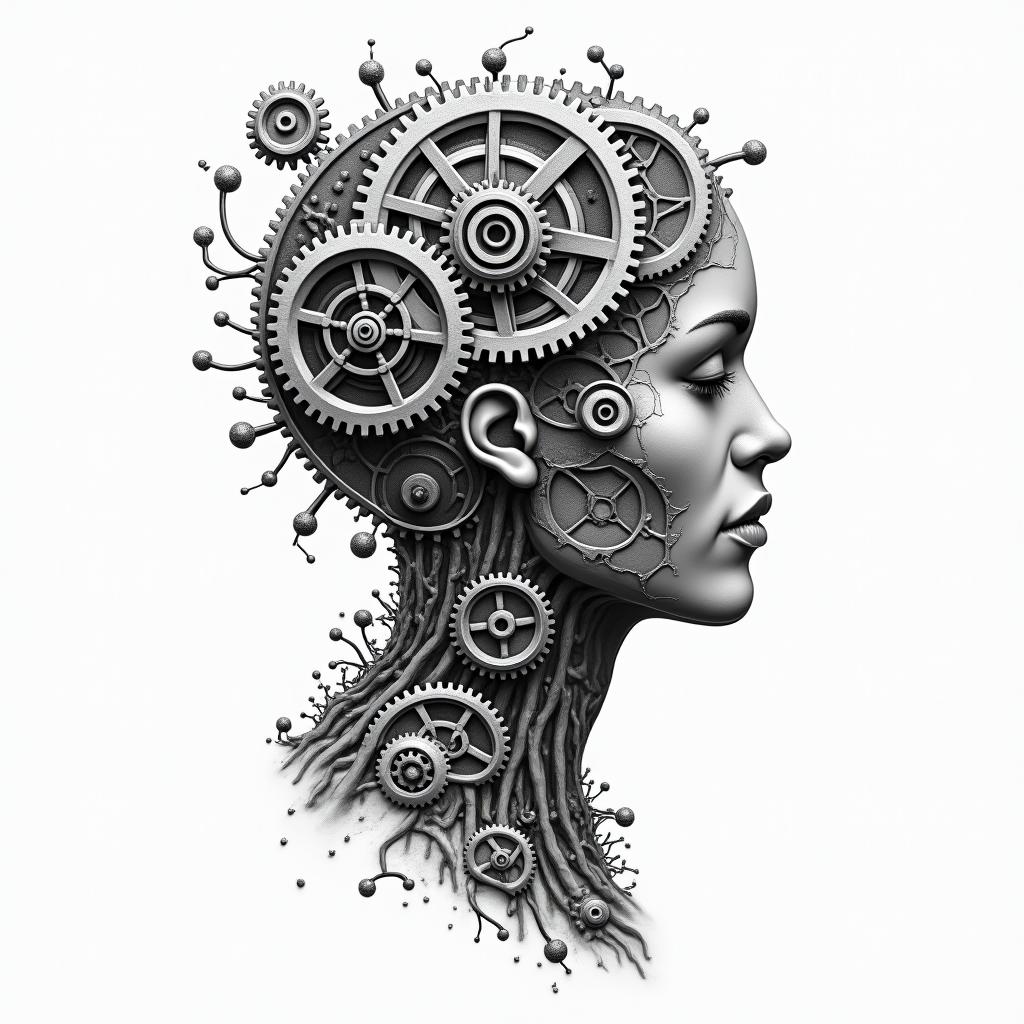 Mechanical gears fused with human anatomy.higly detailed tattoo - Variation 4