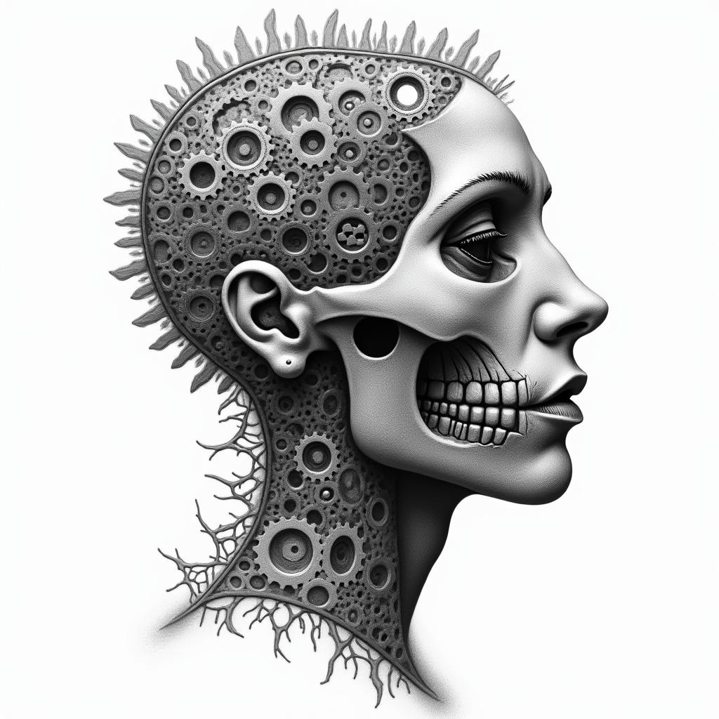 Mechanical gears fused with human anatomy.higly detailed tattoo - Variation 6