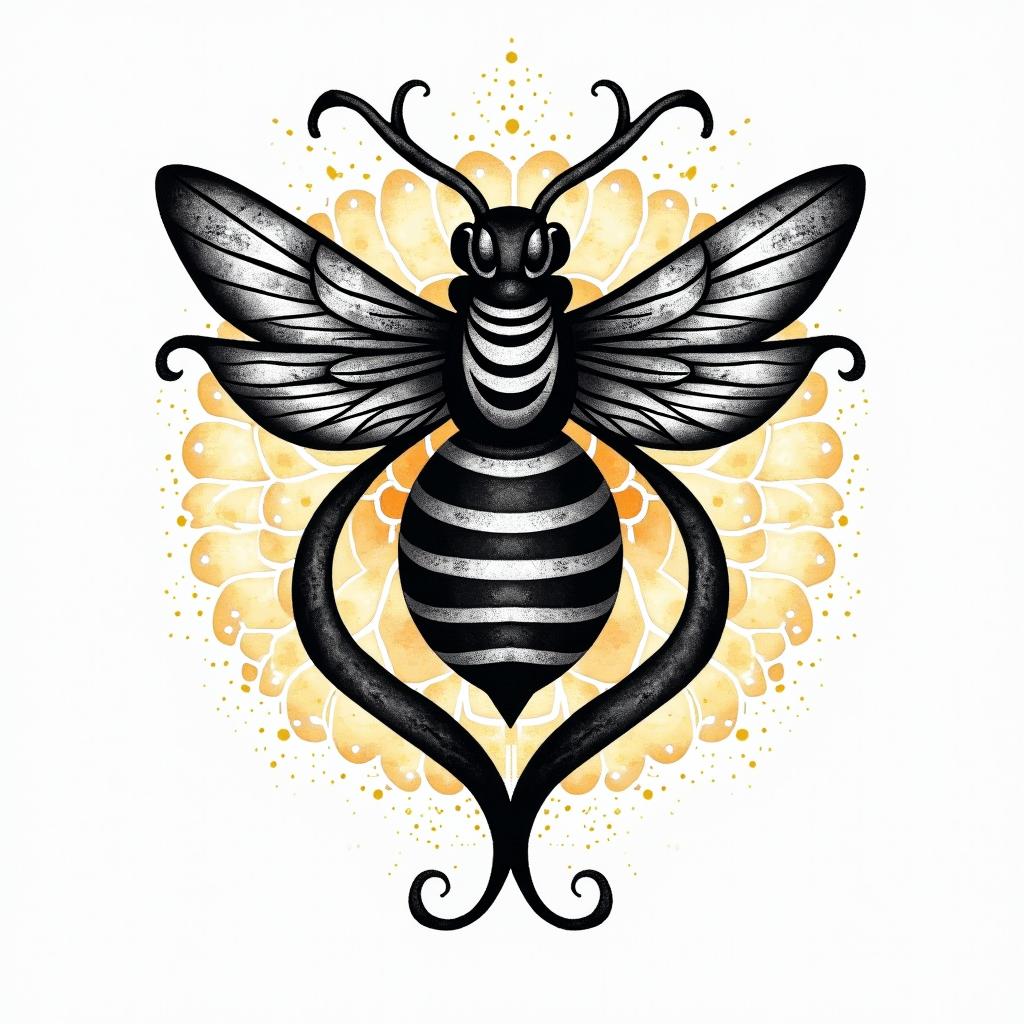 Name SARA with honeybee backgroundin tribal tattoo style, featuring bold and black geometric shapes, curved lines, intertwine and flow seamlessly, creating a powerful and symbolic design, polynesian and maori styles - Variation 8