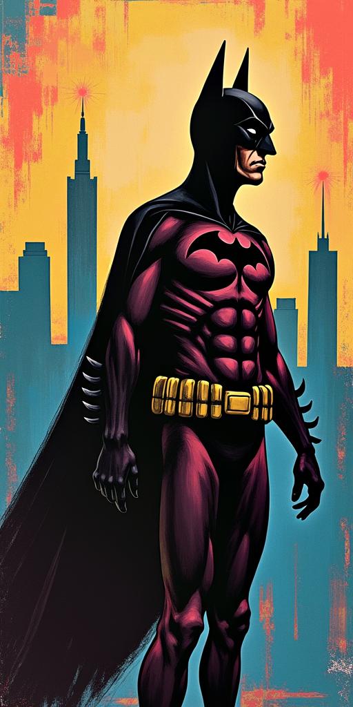 Silhouette of Batman against the Gotham skyline.abstract dancing figures in Keith Haring style, featuring bold black outlines and solid color fills, figures posed in dynamic and playful dance movements, minimalist design