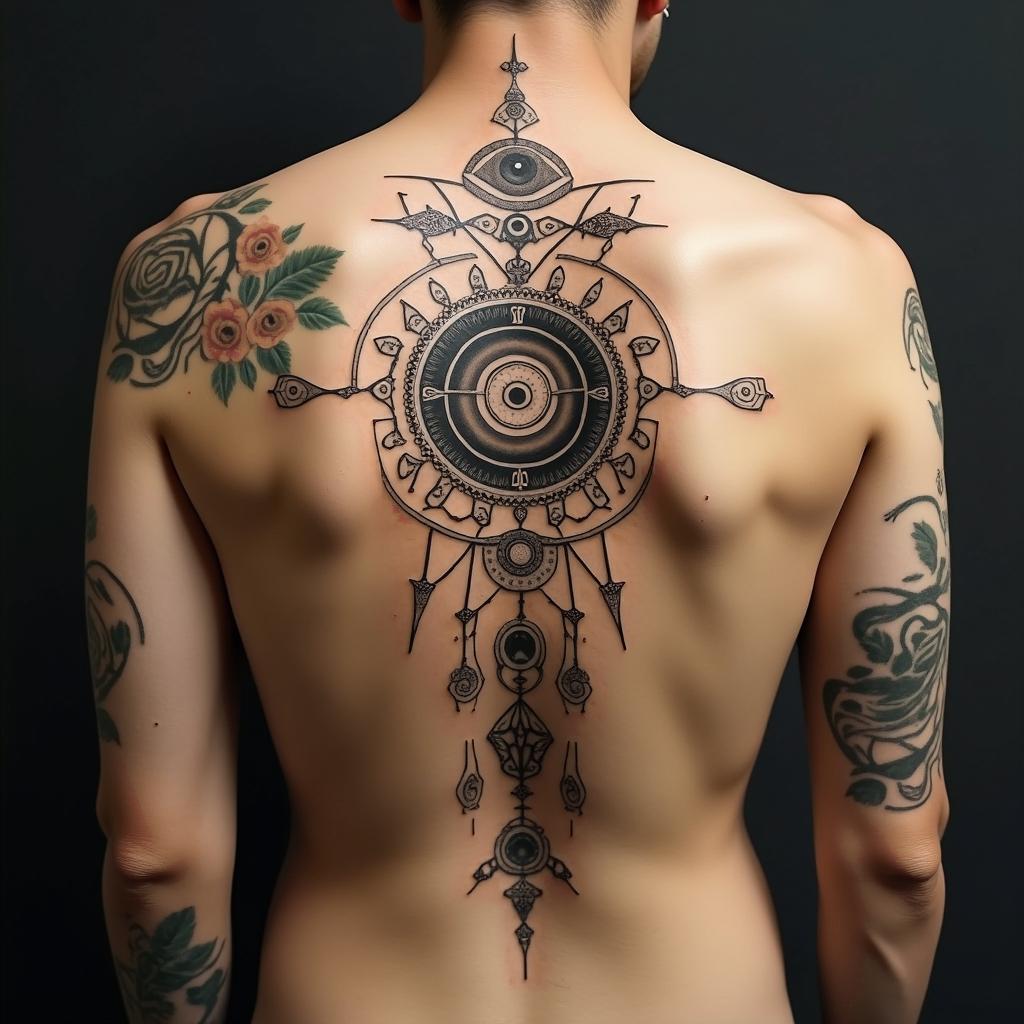 6 paths of painin spiritual symbols tattoo style, featuring an intricate design incorporating elements, Hamsa hand, third eye, minimalist composition