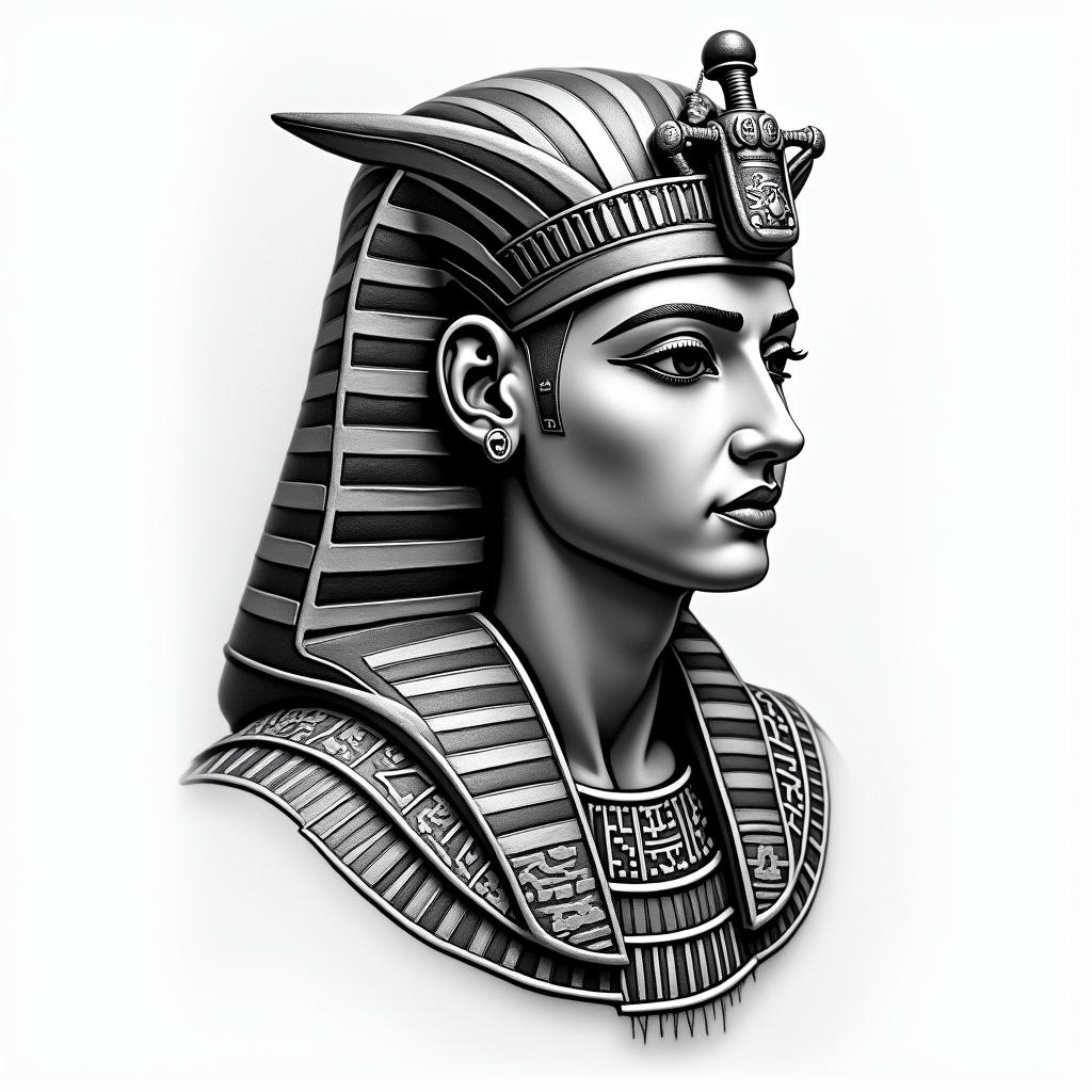 Cyrus, Libra, Chicagoin egyptian style tattoo, bold elements of ancient egyptian culture including a portrait of an Egyptian pharaoh with detailed facial features, in hieroglyphs and symbolic imagery, eye of horus, ankh symbol, scarab beetle