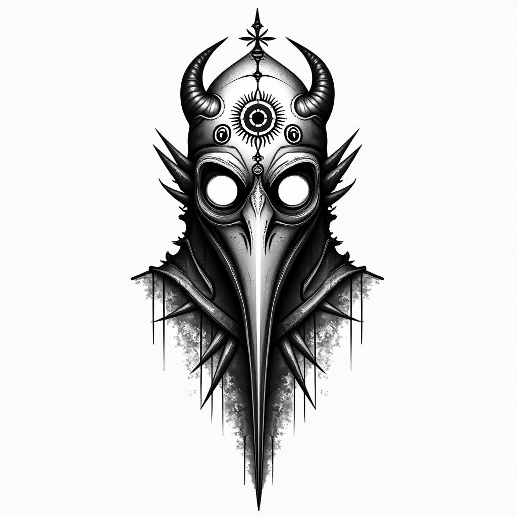 Midevil bird style gas mask guy holding reeper bladein spiritual symbols tattoo style, featuring an intricate design incorporating elements, Hamsa hand, third eye, minimalist composition - Variation 2