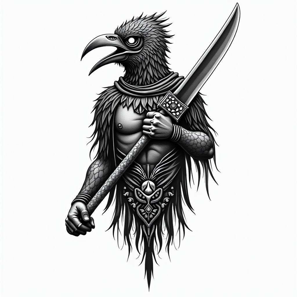 Midevil bird style gas mask guy holding reeper bladein spiritual symbols tattoo style, featuring an intricate design incorporating elements, Hamsa hand, third eye, minimalist composition - Variation 4