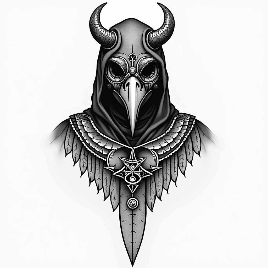Midevil bird style gas mask guy holding reeper bladein spiritual symbols tattoo style, featuring an intricate design incorporating elements, Hamsa hand, third eye, minimalist composition