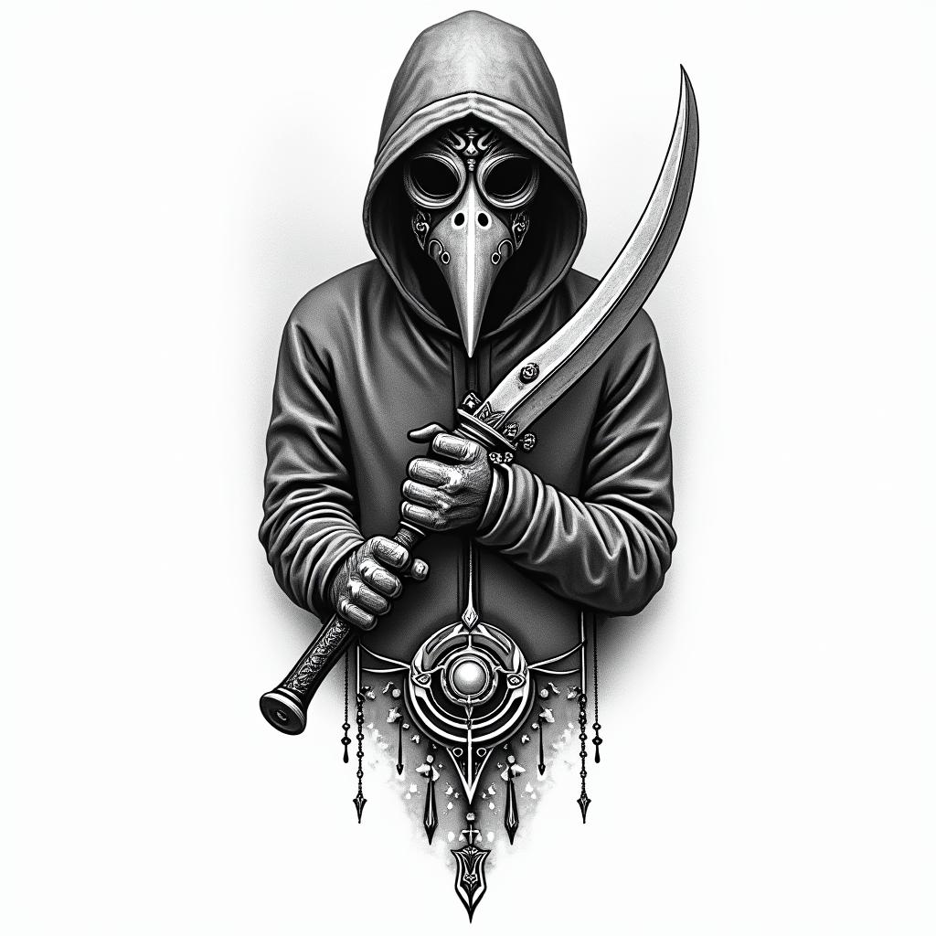 Midevil bird style gas mask guy holding reeper bladein spiritual symbols tattoo style, featuring an intricate design incorporating elements, Hamsa hand, third eye, minimalist composition - Variation 3