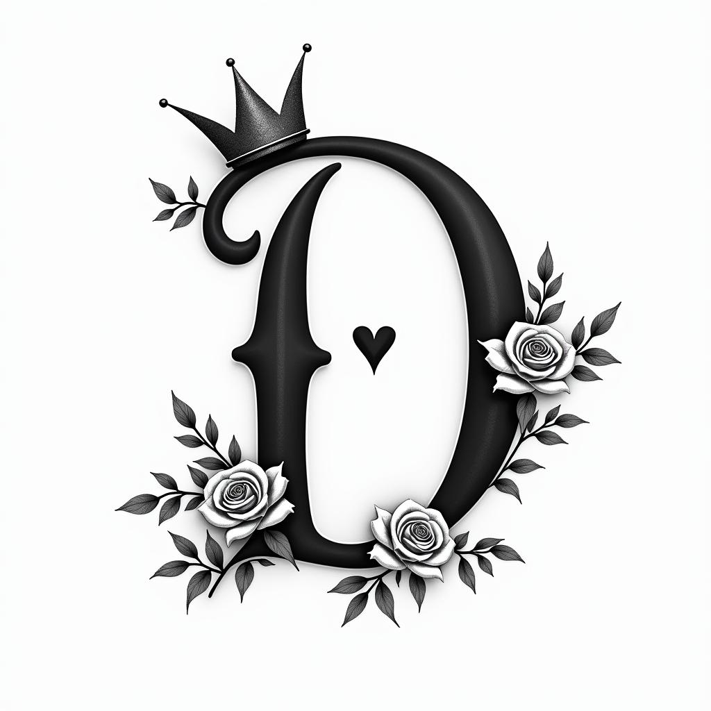 The letter D with a crown on itin elegant cursive calligraphy style 2d tattoo, decorate with roses, featuring a smooth and flowing handwritten script with slightly thickened strokes for a luxurious and bold appearance,  heart symbol between names,  sleek and glossy black text with shadowing, minimalist matte white background, clean and sharp edges, illuminated with soft lighting, romantic, 8k, high-quality textures with refined typography - Variation 2