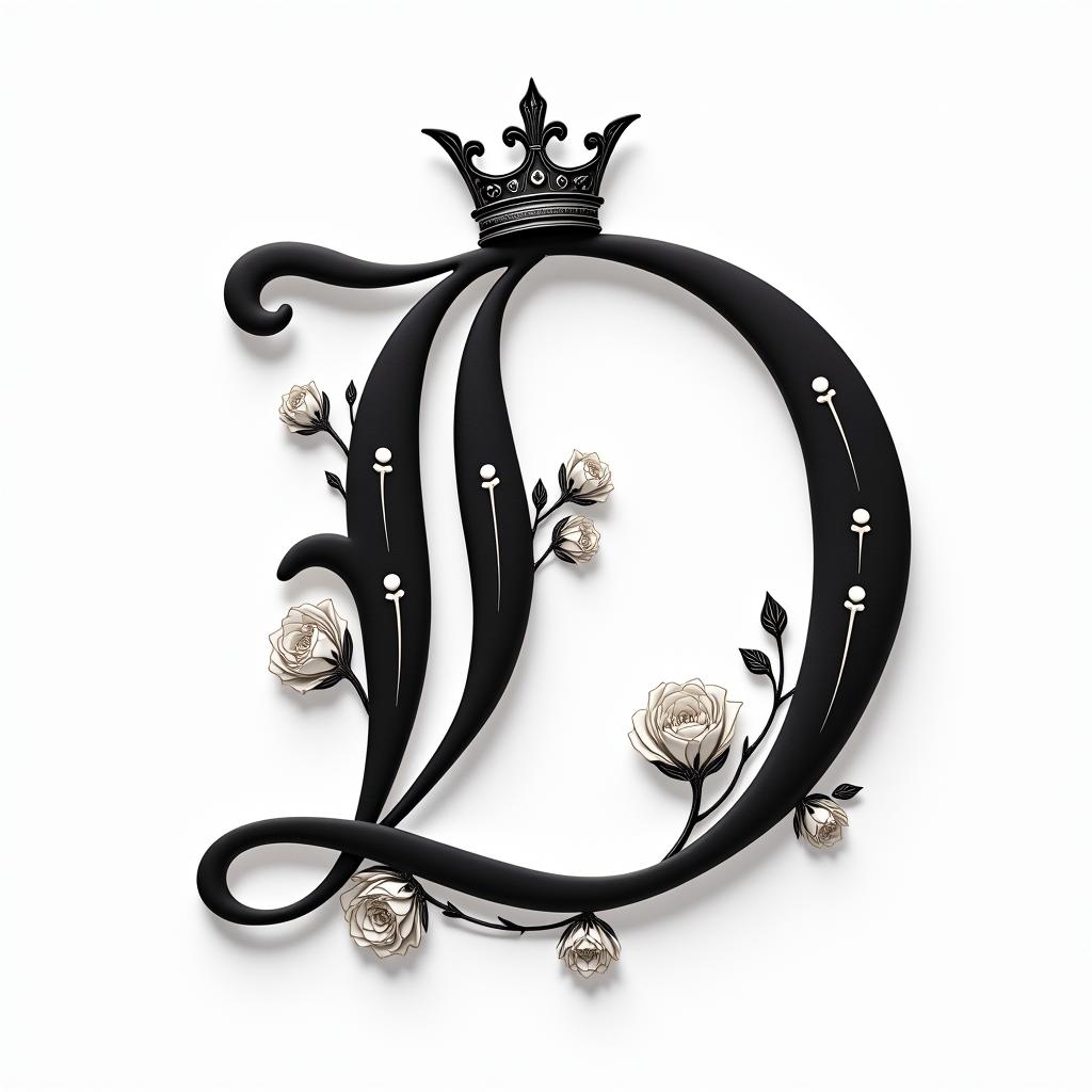 The letter D with a crown on itin elegant cursive calligraphy style 2d tattoo, decorate with roses, featuring a smooth and flowing handwritten script with slightly thickened strokes for a luxurious and bold appearance,  heart symbol between names,  sleek and glossy black text with shadowing, minimalist matte white background, clean and sharp edges, illuminated with soft lighting, romantic, 8k, high-quality textures with refined typography - Variation 3